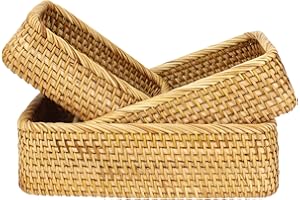 3 Pack Rattan Baskets, Rectangular Rattan Basket with Wood Frame, Rustic Wicker Bread Baskets, Storage Produce Organizers, Fr