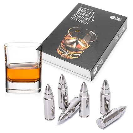 6 Patronen Whisky Steine, Bullet Shaped, Premium Edelstahl - Wiederverwendbare Eiswürfel Kühlsteine, Eiszange +Elegantes Lede
