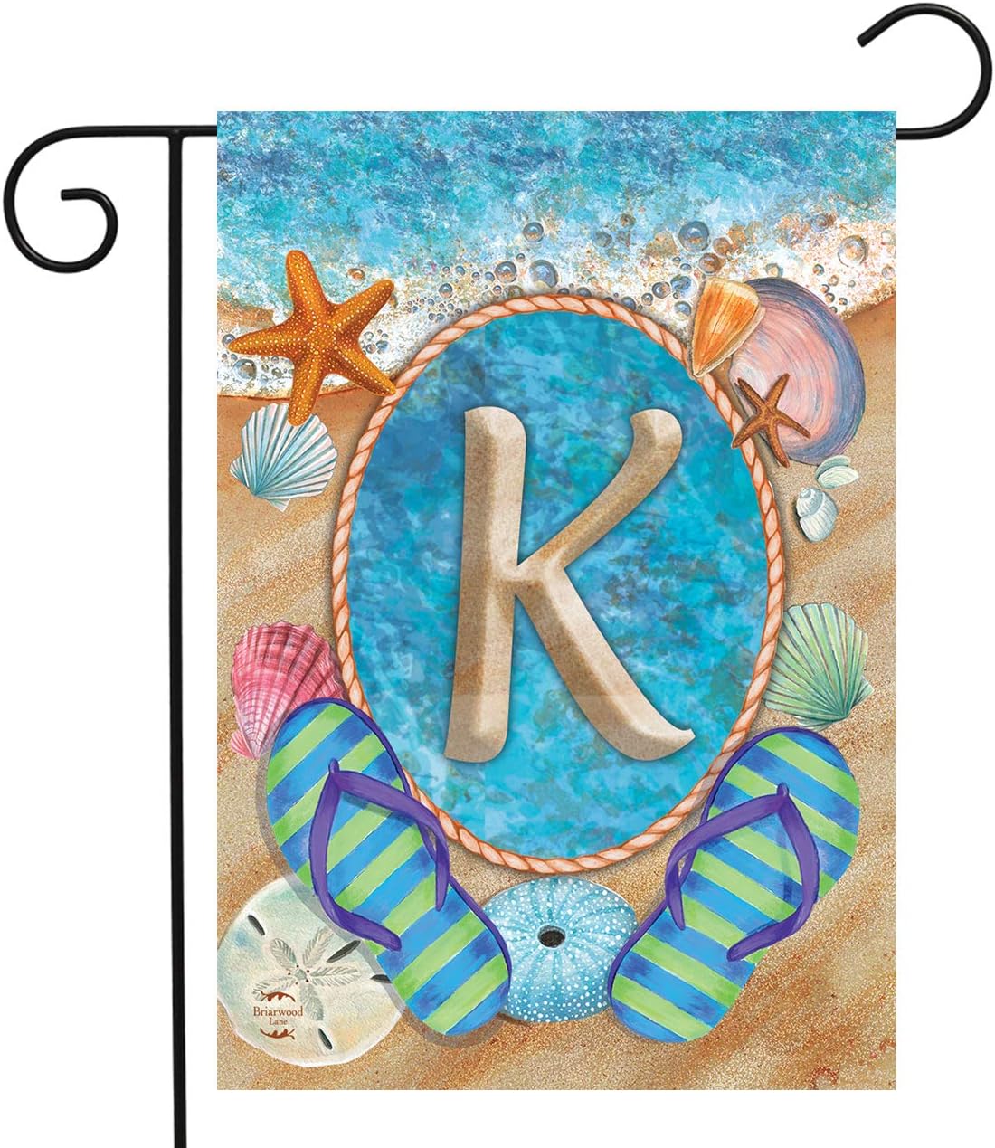 Briarwood Lane Summer Monogram Letter K Garden Flag Flip Flops Seashells 12.5" x 18"