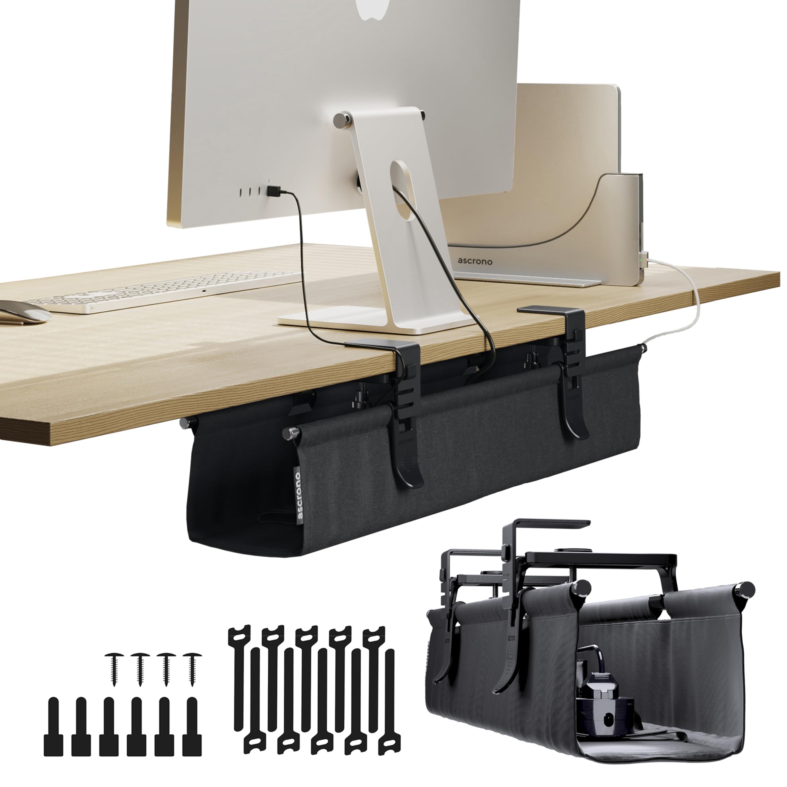 Ascrono Original No Drill Under Desk Cable Management Tray 27.3" - Premium Black Fabric Cable Management Under Desk - Clamp/Screw Mount Cord Organizer - Supports Upto 66lbs
