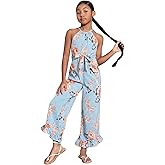 WDIRARA Girl's Floral Print Halter Neck Sleeveless Ruffle Hem Belted Flare Leg Jumpsuit Pants