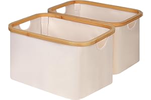 iEGrow 2-Pack Storage Baskets, Rectangle Closet Storage With Bamboo Handles,Collapsible Storage Bins for Organizing Toys, Books Towels,Beige(15.7 x 11.8 x 9.8 inches)
