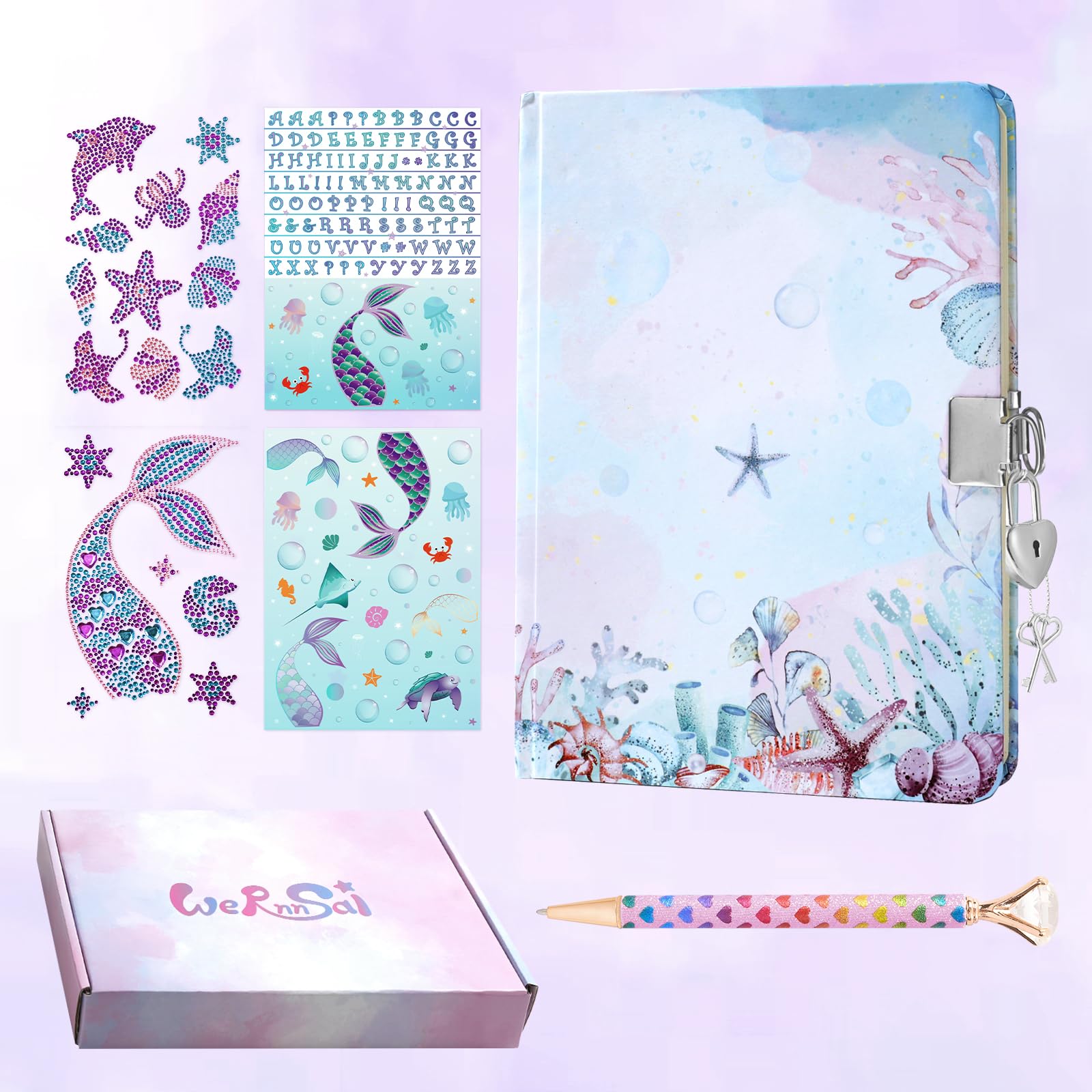 WERNNSAI Kids Diary Set for Kids Journal Kit - Kids Gold Foil Journal with Lock and Keys, Kids Diary with Pen & Stickers, Private Diary A5 Lined Writing Notebook, Kids Gift Set (Diamond Mermaid) — image 1
