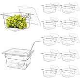 PYQTH 12 Pack Plastic Clear Food Pan with Lids, 1/6 Size 4'' Deep Commercial Stackable Polycarbonate Pans Hotel Food Storage Pan with 1 Pcs Spoon for Fruits Vegetables