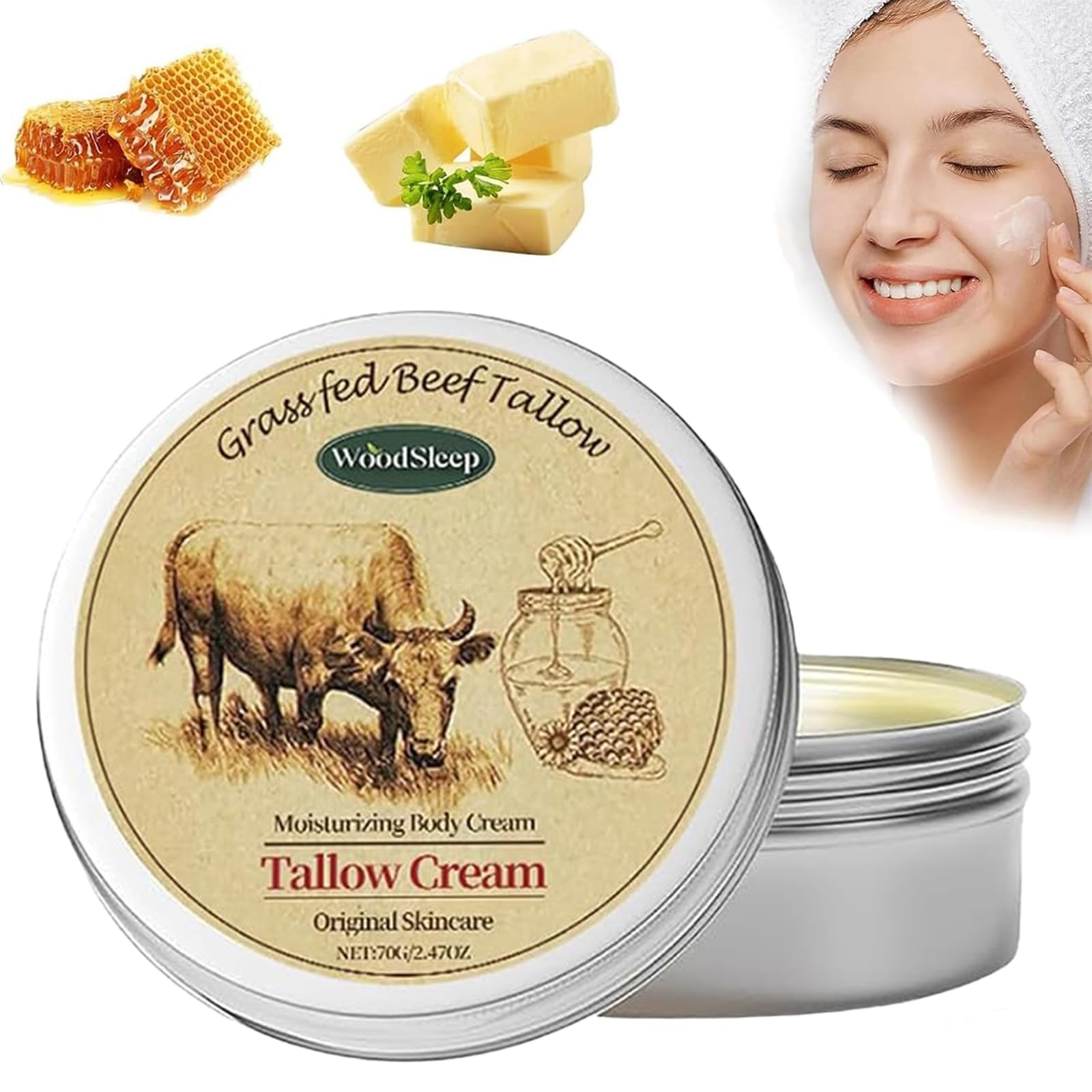 Beef Tallow Skin Care,Honey Beef Tallow Moisturiser Cream, Pure Cream Tallow Honey Balm, Natural Beef Tallow Lotion for Skin Care,Nourishes The Skin,Lasting Moisturizing(70g)