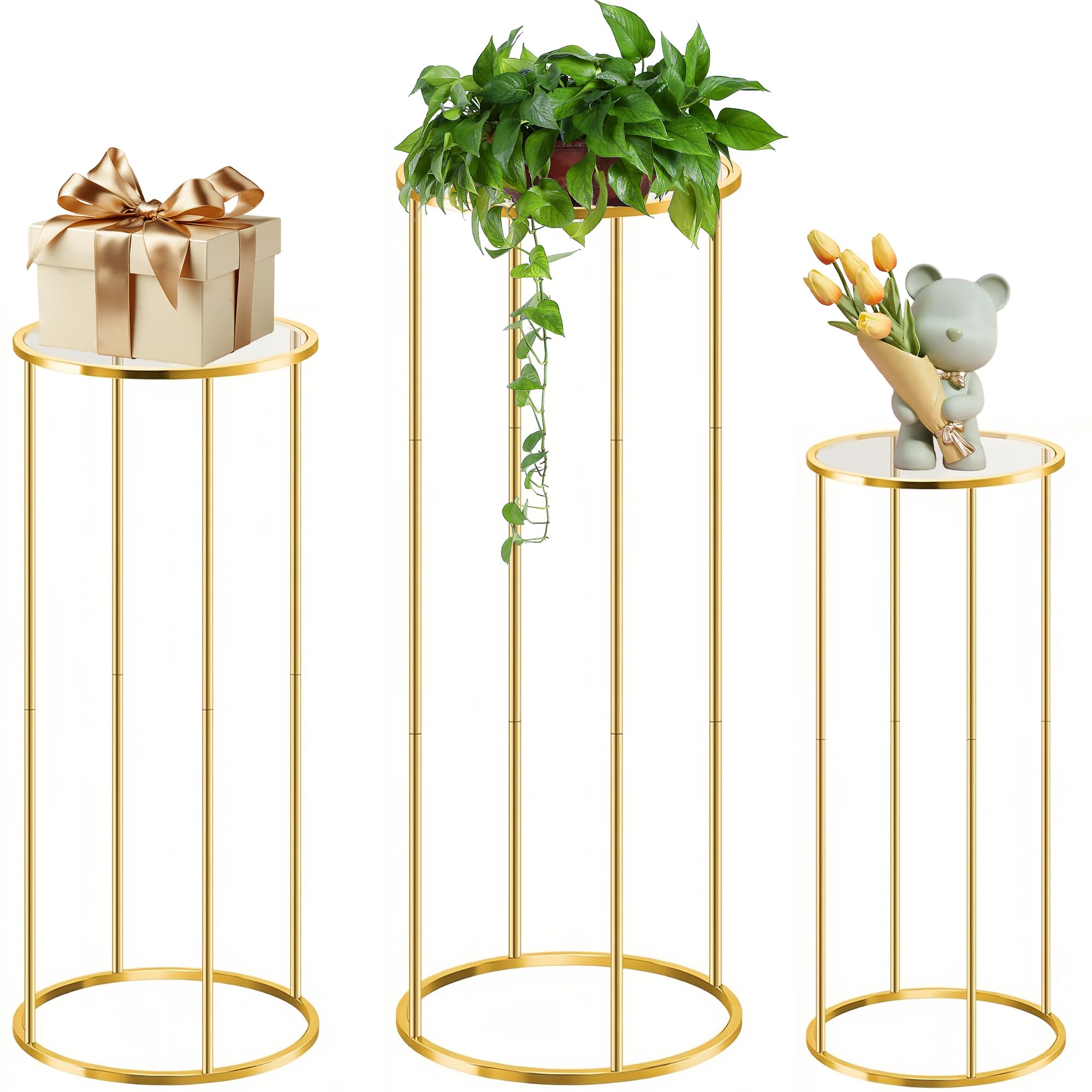 Photo 1 of OIHYA Cylinder Stands for party, 3PCS Elegant Gold Metal Plant Round Pedestal Stand, Display Stand Tables Cake Stand for Party Weddings Birthday Backdrop Decorations