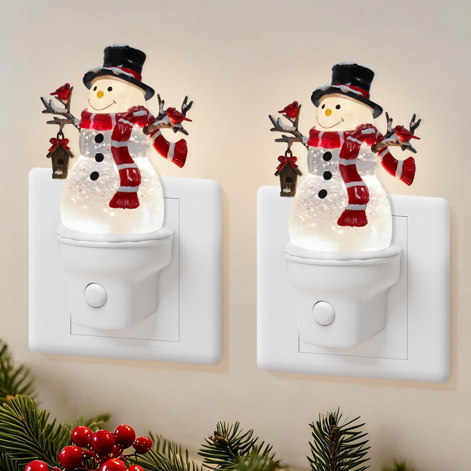 Photo 1 of 2 Pack Christmas Snowman Night Light Plug into Wall Glitter Water Nightlight with USB/Outlet Options, Christmas Decorative Nightlight for Bedroom Kitchen Holiday Decorations Gifts (Snowman)