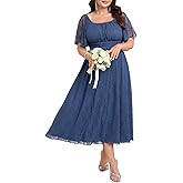 SHESTARR Women's Plus Size Wedding Guest Dress Lace Square Neck Short Sleeve Flowy A Line Formal Maxi Dresses