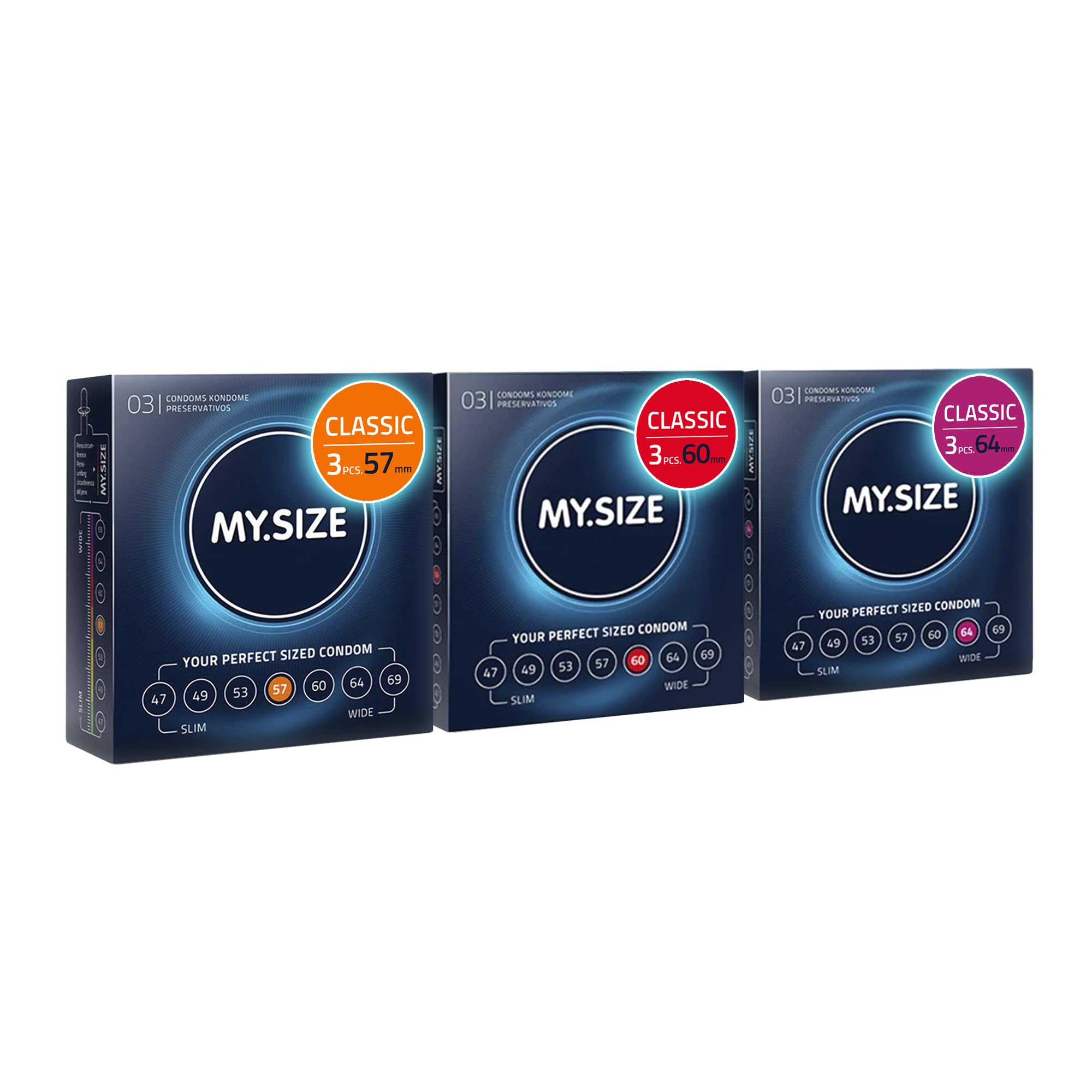 MY.SIZE Classic Premium Condoms Trial Pack of 3 I 57, 60, 64mm Width I 3x3 Pieces Extra Thin I Ultra-Soft I Thin 0.07mm wall Thickness I Vegan