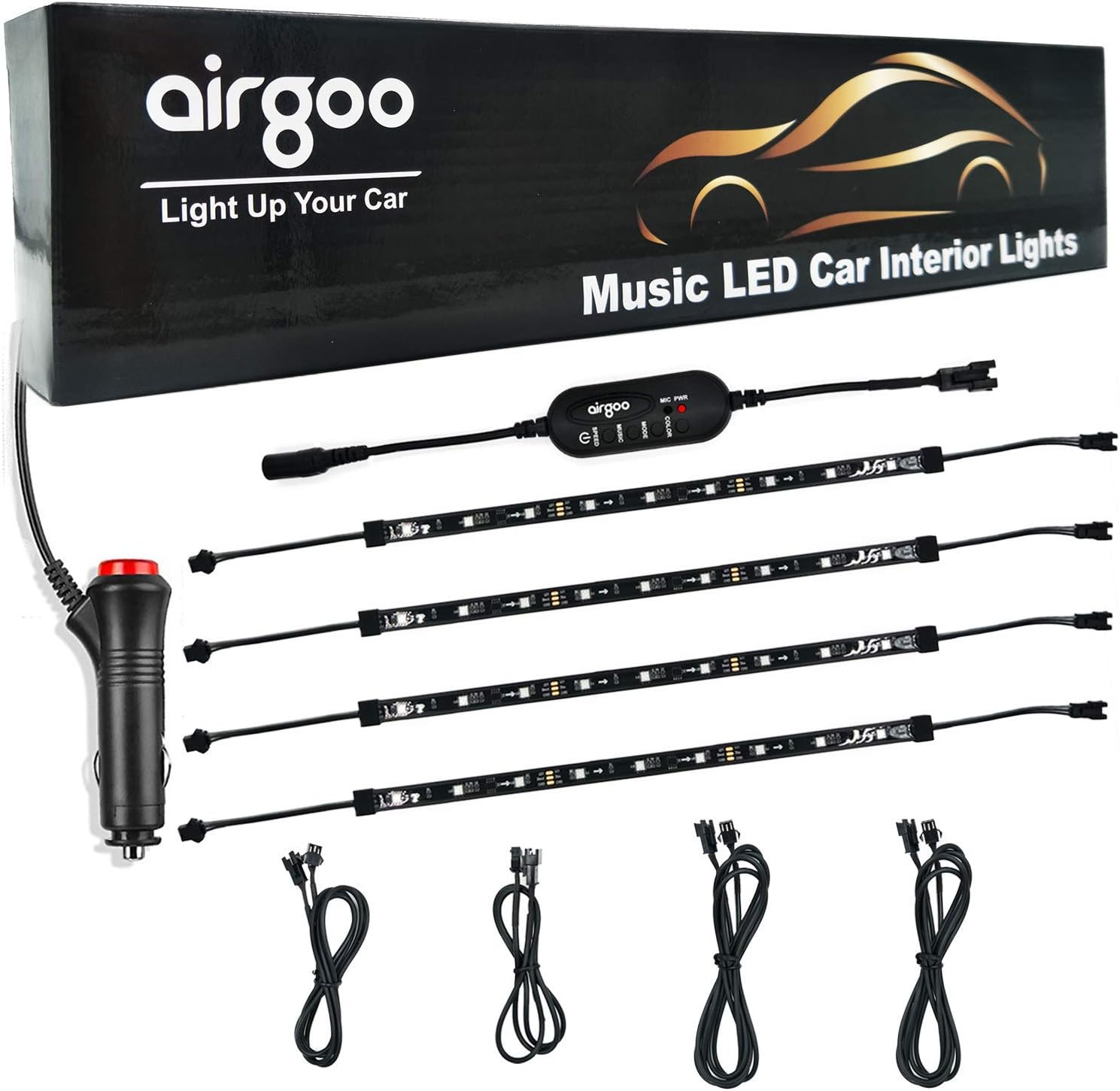 Car LED Strip Light, Rainbow Flow LED Interior Car Lights, Waterproof Music Under Dash Lighting Kit, 30+ Unique Dynamic Mode with 4-Key Controller, 12V Car Charger Include, Long Cables Easy to Install