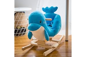 Kinfant Dolphin Baby Rocking Horse, Wooden Stuffed Ride-on Animal Rocker with Fun Song Music & Soft Plush Fabric, Blue