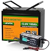 ECO-WORTHY 12V 100AH LiFePO4 Lithium Bluetooth Battery and 12V 10A Automatic Smart Battery Charger, Built-in BMS Low-Temp Pro