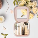 Prite Small Clear Makeup Bag Gift Box Pearl Pink Double Zippers PU Leather view 8