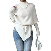 Milumia Women's Asymmetrical Mock Turtleneck Poncho Sweater Dolman Long Sleeve Tie Waist Knit Pullover Tops