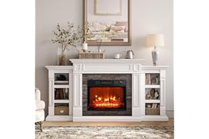 Naice 72" Electric Fireplace with Mantel and Cabinets, Fireplace TV Stand for Living Room Bedroom, Stacked Stone Surround and Remote Control 3D Realistic Flame, White
