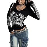 SOLY HUX Women's Y2k Gothic Graphic Tees V Neck Long Sleeve T Shirt Going Out Tops Punk Streetwear Alternative Clothes