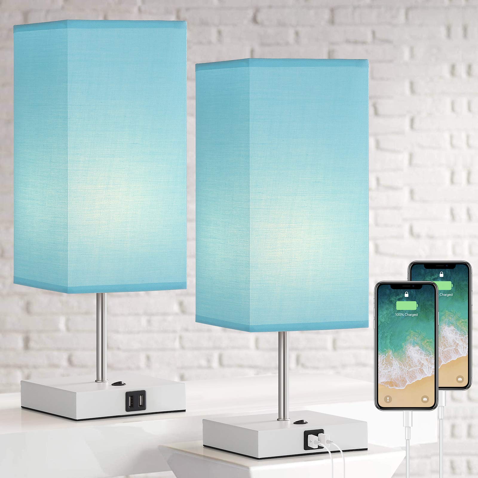 Bedside Table Lamp Set of 2 with Dual USB Charging Port, Nightstand Lamp with Blue Lampshade for Bedroom, Living, Room, Study Room