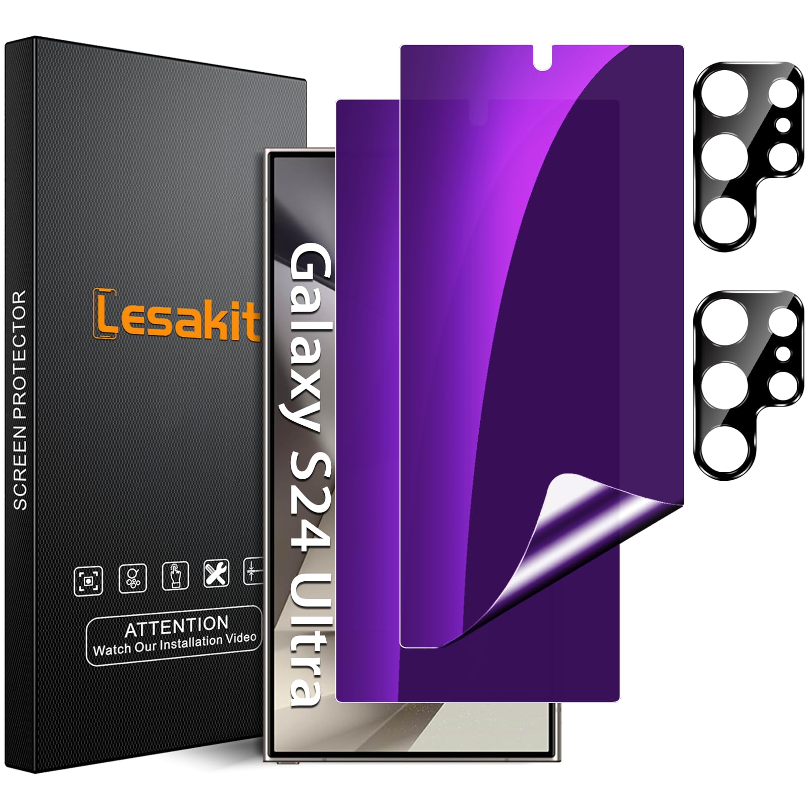 Photo 1 of [2+2 Pack] for Samsung Galaxy S24 Ultra Privacy Screen Protector[Not Glass] + 2 Pack Camera Lens Protector, [Support Fingerprint ID] 28° Anti Spy Anti-Blue Light TPU Flexible Screen Protector- Purple