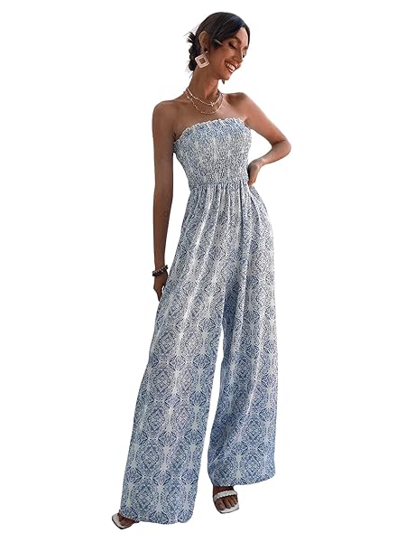SWEATYROCKS WOMEN’S PRINTED SLEEVELESS TUBE TOP SHIRRED LONG PANTS JUMPSUIT ROMPER BLUE SMALL