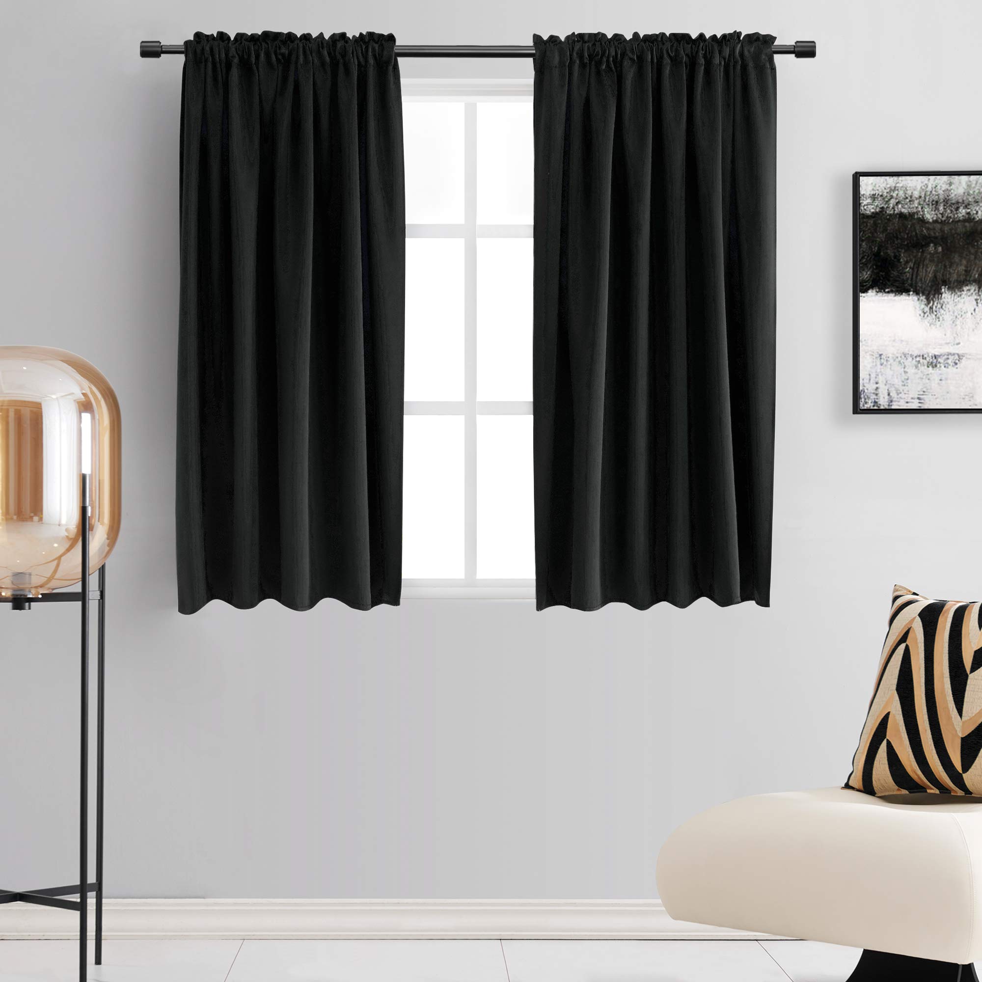 Photo 1 of DONREN 48 Inch Length Short Curtains for Kitchen - Small Window Treatment Rod Pocket Blackout Curtain Drapes (1 Pair,Black,52 Inches Wide by 48 Inches Long)
