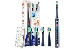 SEAGO Kids Electric Toothbrush, Sonic Soft Bristle Rechargeable Toothbrushes with DIY Stickers, 5 Modes, Includes 4 Replacement Brush Heads, Ages 3 to 12 Years Old (Navy)