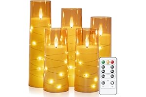 Raycare Flameless LED Candles with Embedded Star String, 5 Pcs Battery Operated Acrylic Pillar Candles with Timer and Remote, Flickering Candles for Romantic Ambiance and Home Decoration(Glod)
