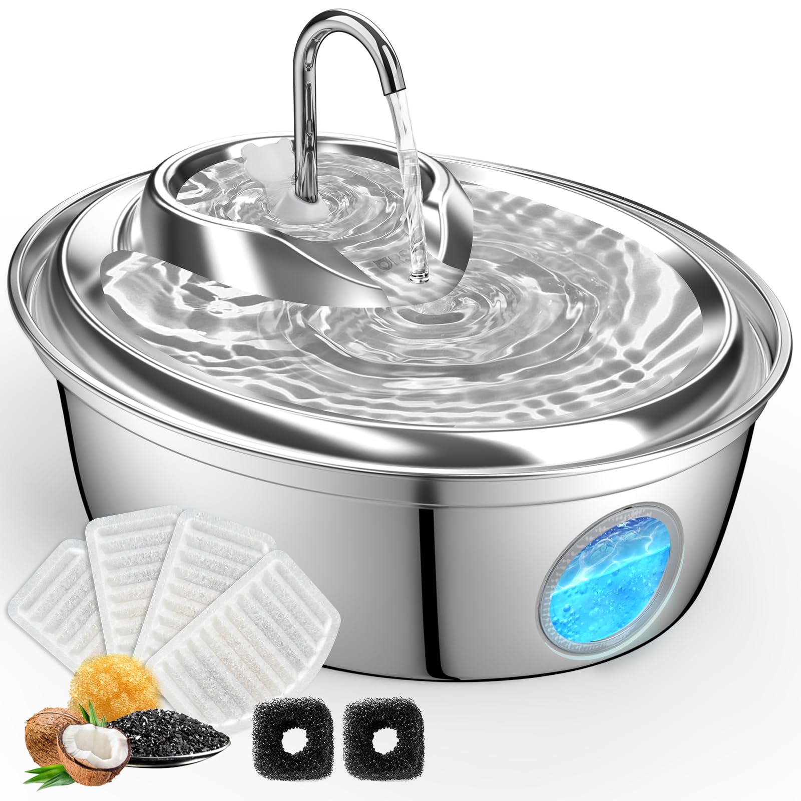 GoldenSun Cat Water Fountain, 67oz/2L Stainless Steel Pet Water Fountain Inside, Automatic Dog Drinking Fountain with Water Level Visual Window for Cats and Small Dogs