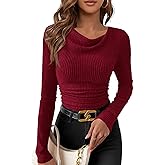 PRETTYGARDEN Women's Long Sleeve Cowl Neck Ribbed Knit Spring Shirts Slim Fit Ruched Going Out Crop Tops Basic T-Shirts