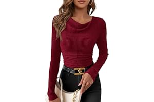 PRETTYGARDEN Women's Long Sleeve Cowl Neck Ribbed Knit Fall Shirts Slim Fit Ruched Going Out Crop Tops Basic T-Shirts