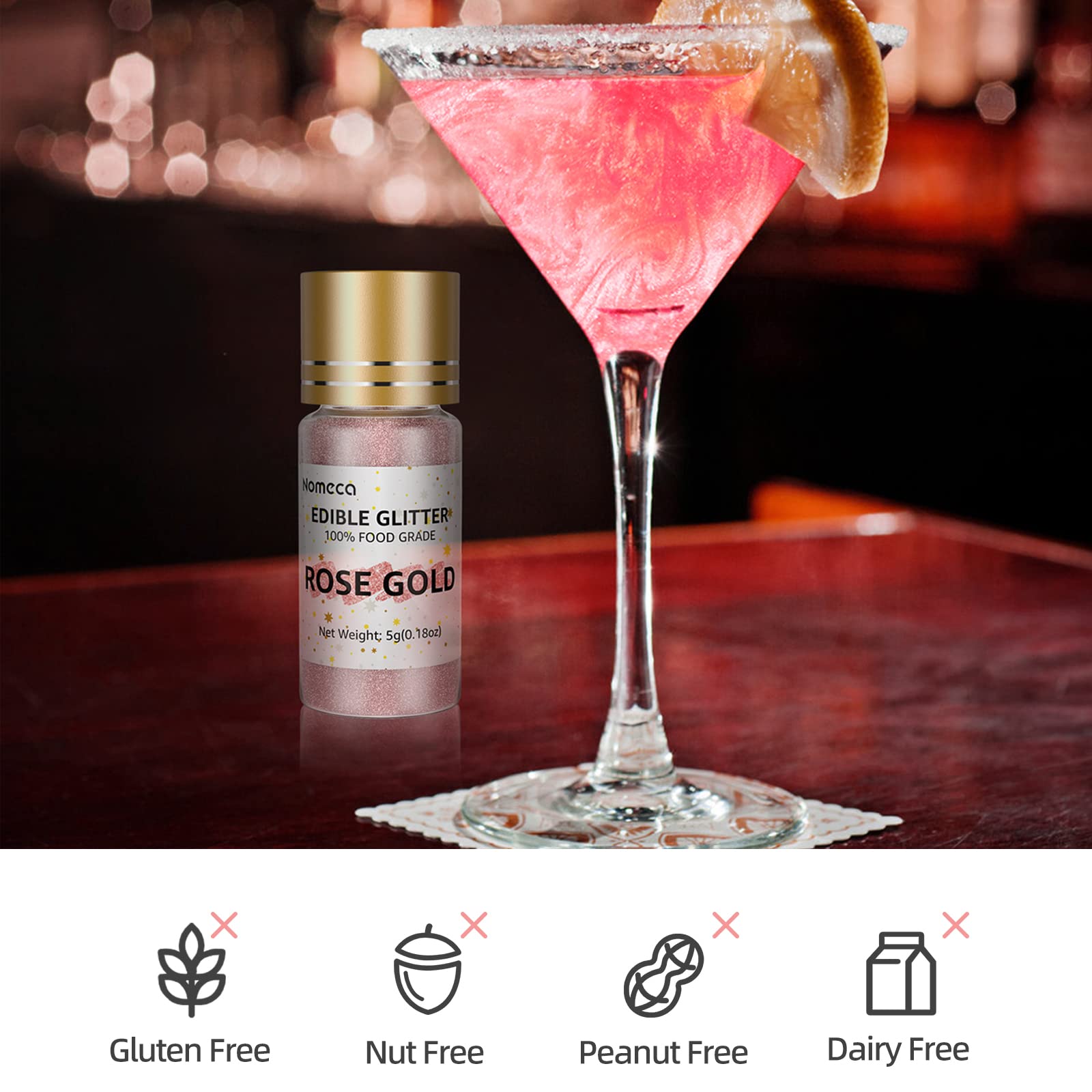 Edible Glitter for Drinks 5g Edible Shimmer for DIY Wine Cocktails Champagne Beverages, Food Grade Coloring Rose Gold Glitter Dust Certified Vegan Gluten Free Nut Free Dye