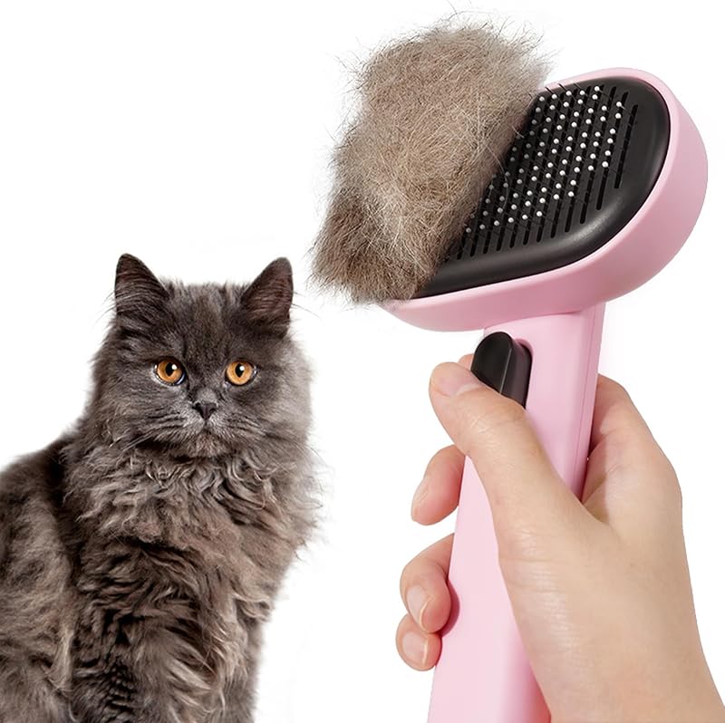 Aumuca Cat Brush with Release Button Pink Grooming Tool Long Short Hair