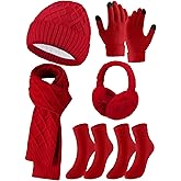 Geyoga 6 Pcs Winter Warm Set for Women Warm Beanies Hats Touchscreen Gloves Long Scarf Ear Muffs Socks Winter Gifts for Women
