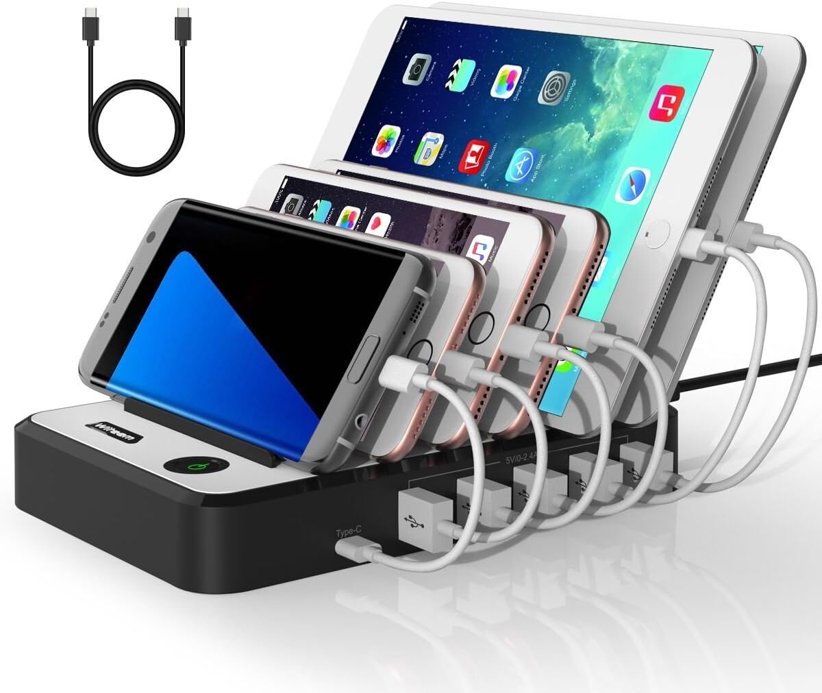 Witeem 40W 6-Port USB Charging Station Hub with USB Type C Port, Universal Charging Docks Organizer Stand for Smartphones, Tablets, White