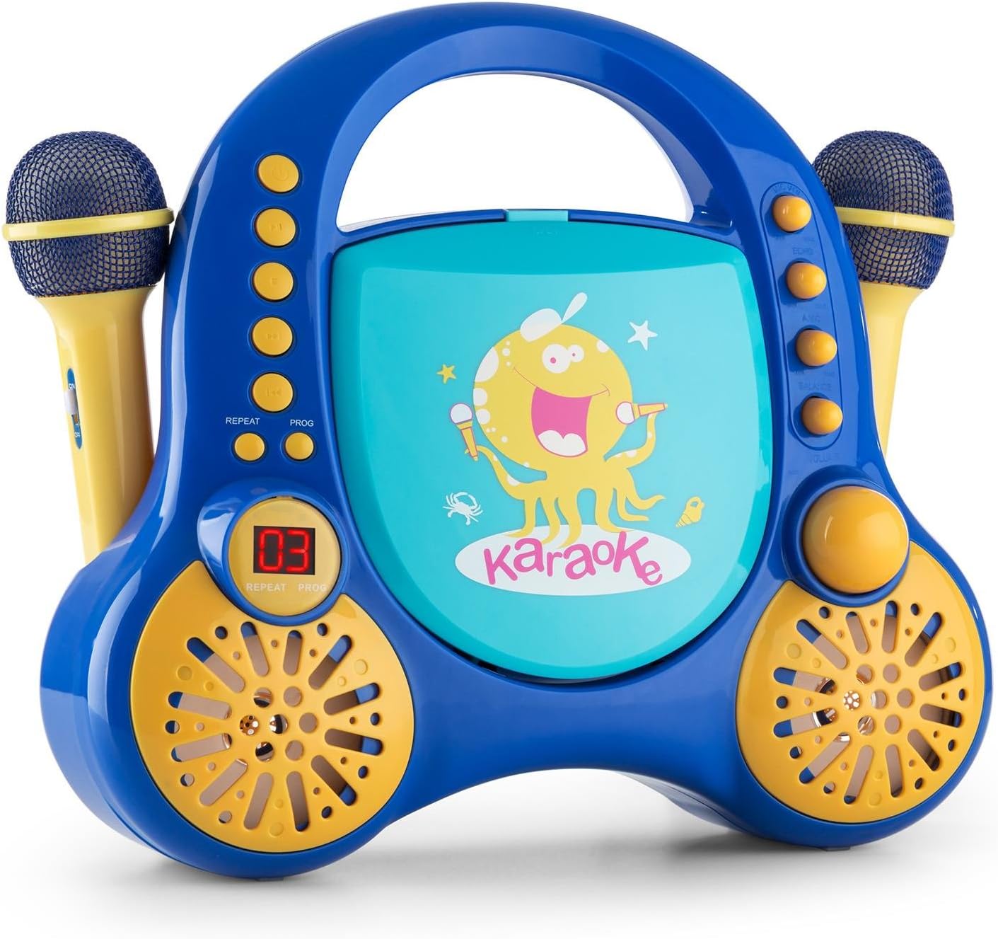 AUNA Rockpocket Karaoke Player System - CD-Player , AUX , 2 x Microphone Set , Stereo Speakers , Carrying Handle , Rounded Body No Sharp Corners , Built-In Battery , LED Display , Blue