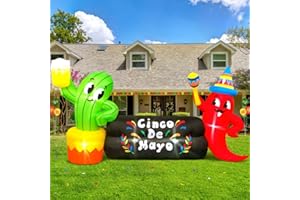 KOOY 8FT Long Cinco De Mayo Inflatables Cactus Chili Outdoor Decorations,Mexican Party May 5 Taco Sombreros Glasses with Light Fiesta Maracas Blow up for Garden Lawn Yard Summer