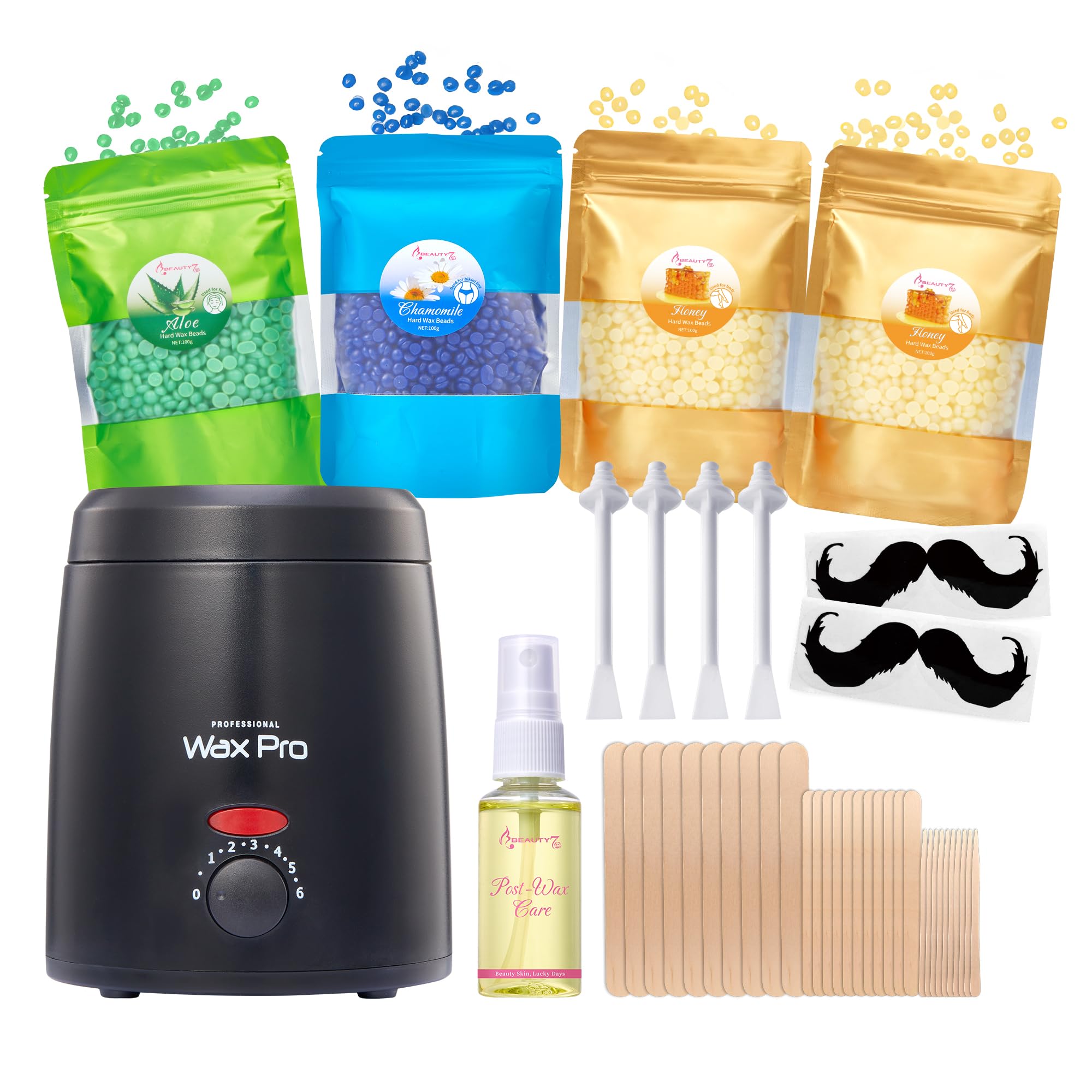 Beauty7 Waxing Kit, Wax Warmer, Wax Pot for Hair Removal 400g Beans + Wax Pot + After Oil + 30p Wooden Stick + 4 Nose Sticks + Beard Painless Waxing Machine for Body Waxing