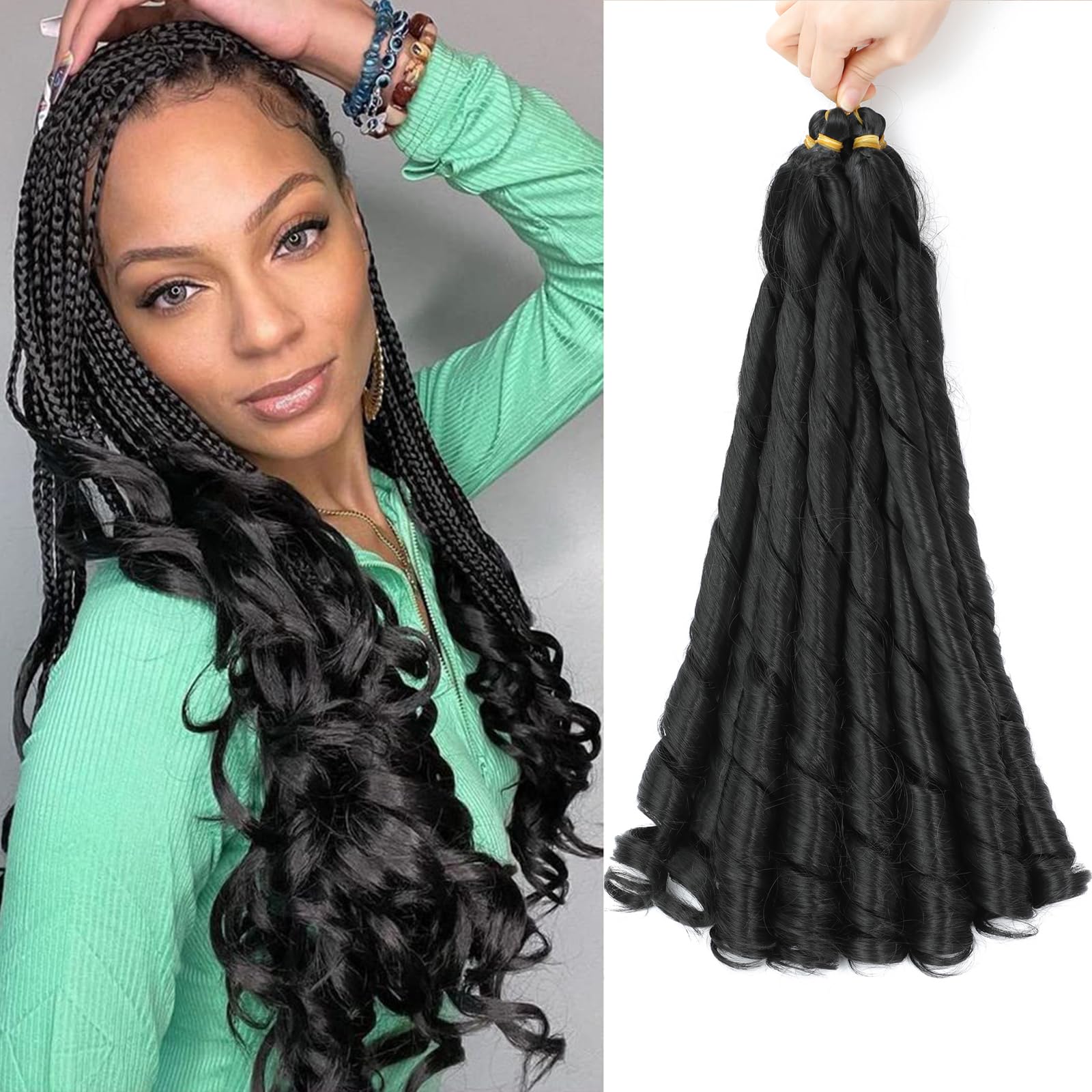 French Curly Braiding Hair for Box Braids 22 inch Loose Wave Braiding Hair Pre Stretched Bouncy Braiding Crochet Spiral Curl Synthetic Extensions for Women (1B#, 22 Inch) — image 1