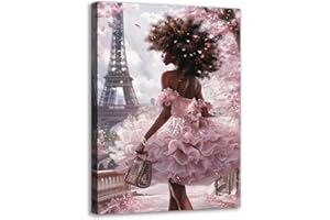 African American Canvas Wall Art Pink Black Girl Picture Wall Decor Paris Eiffel Scene Painting Fashion Artwork for Living Ro
