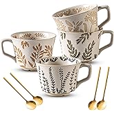 Noevany Ceramic Mugs 11 oz Unique Luxurious Cups Set of 4 with Premium Spoon, Mug for Coffee Milk Latte Cappuccino Tea, for Office Home Dishwasher Birthday Gift Microwave Freezer Safe Stoneware Mixed