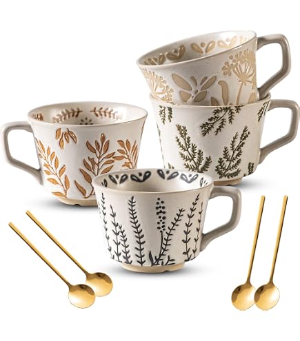 Signature Housewares Pad-Print Tassen Set | 4 Stück, 400 Ml | Steingut, Bunt & Spülmaschinenfest