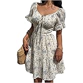 Floerns Women's Boho Floral Print Ruffle Dress Puff Sleeve Beach Vacation A Line Dresses