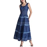 DREFBUFY Women's Maxi Dress Sleeveless Denim Long Summer A-line Casual Blue Cotton Boho Flowy Sundresses for Women