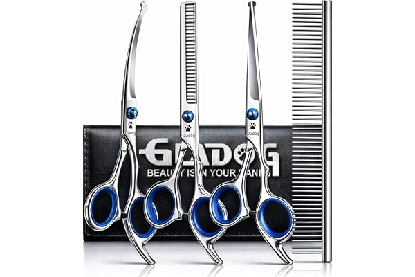 GLADOG Professional Grooming Scissors for Dogs with Safety Round Tips, 4 in 1 Dog Grooming Scissors Set, Sharp and Durable Pe