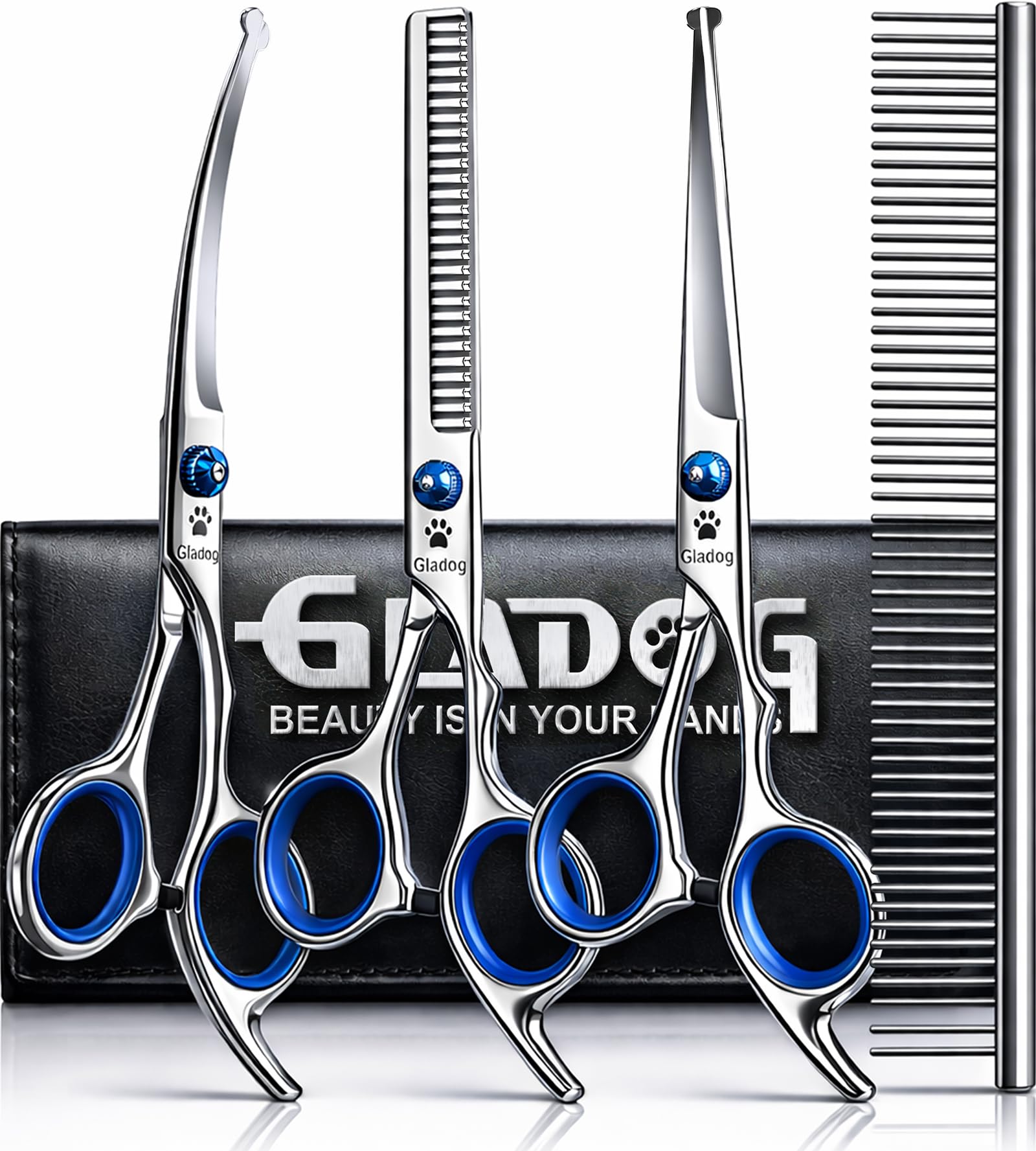 GLADOG Professional Grooming Scissors for Dogs with Safety Round Tips, 4 in 1 Dog Grooming Scissors Set, Sharp and Durable Pet Grooming Shears for Dogs and Cats