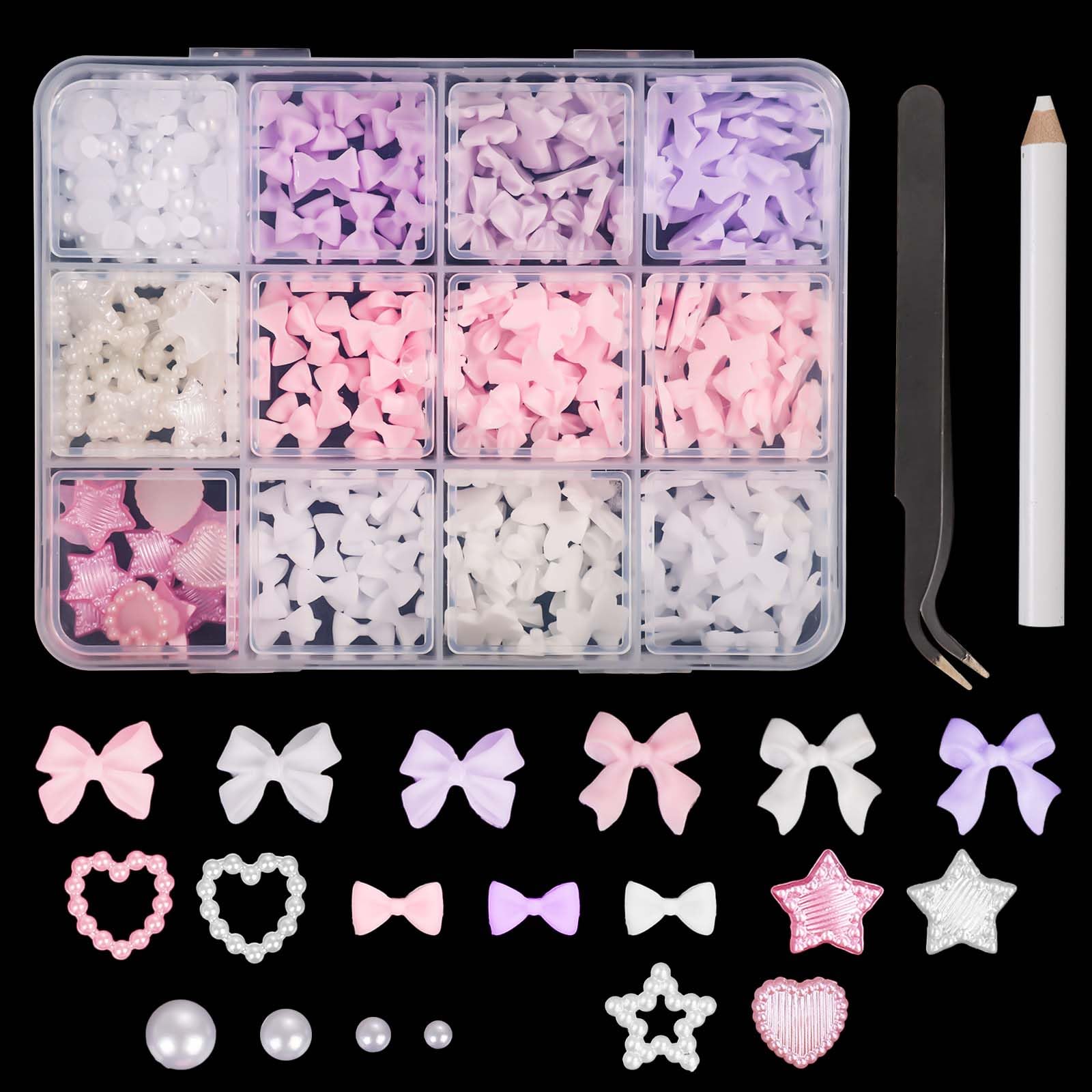 500pcs 3D Nail Charms, Multicolor Mix Shapes Bow Art Nail Charms Heart Pentagram Pearl Nail Star Gems Charms Resin Decorations with Tweezers Pickup Tool DIY Jewelry Gift Accessories for Girls Women