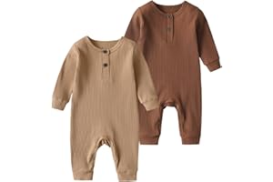 Newborn Infant Baby Boys Girls Long Sleeve Rompers Jumpsuit Unisex Button Knit Solid Ribbed Clothes - 2 pack