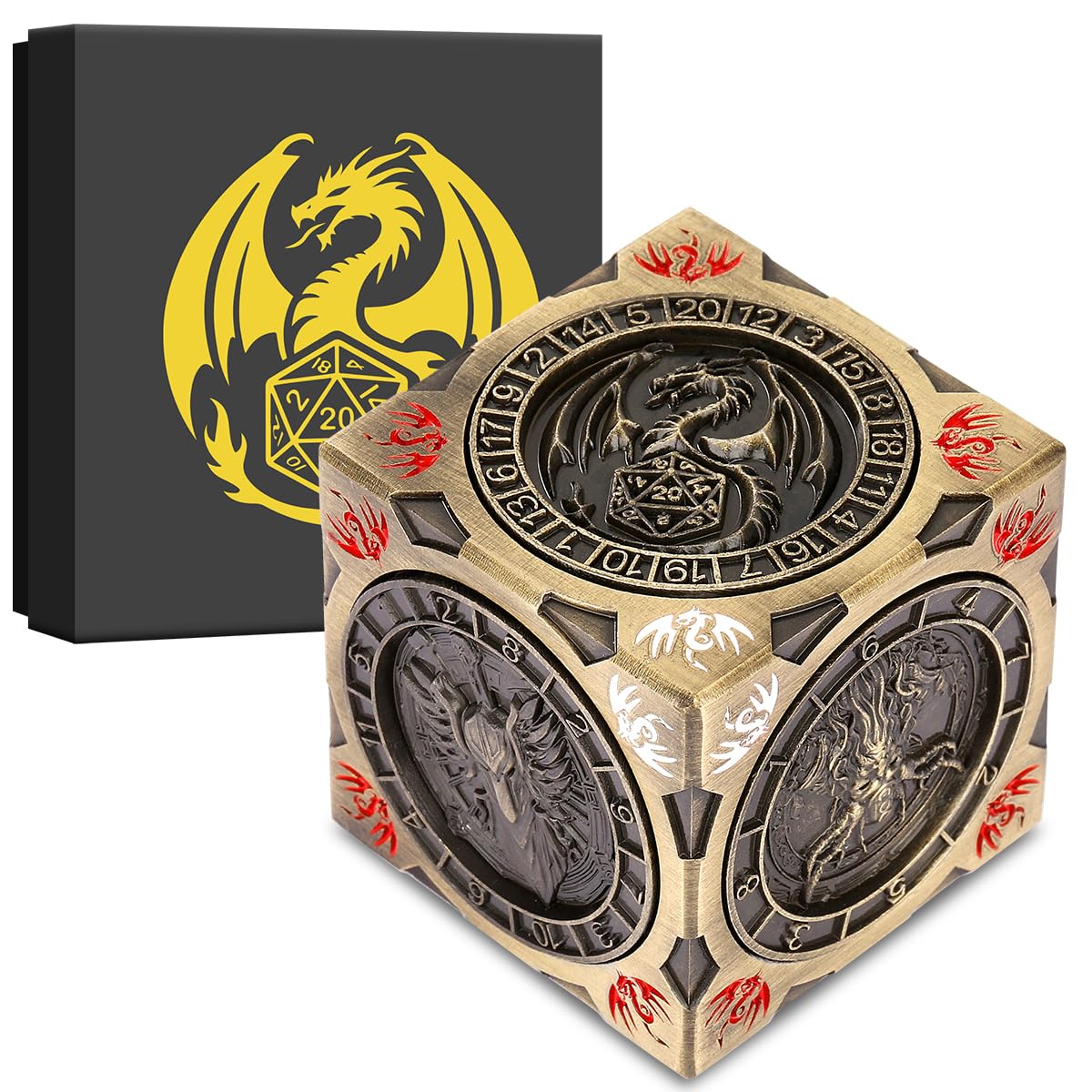 New DND Spinner Dice, 7-in-1 Metal Dice Set, 3D Relief Design, DND Polyhedral Rotating Game Dice, D&D Gifts with Dragon Logo Gift Box, RPG, Role Playing Board Game Accessories, Bronze β image 1