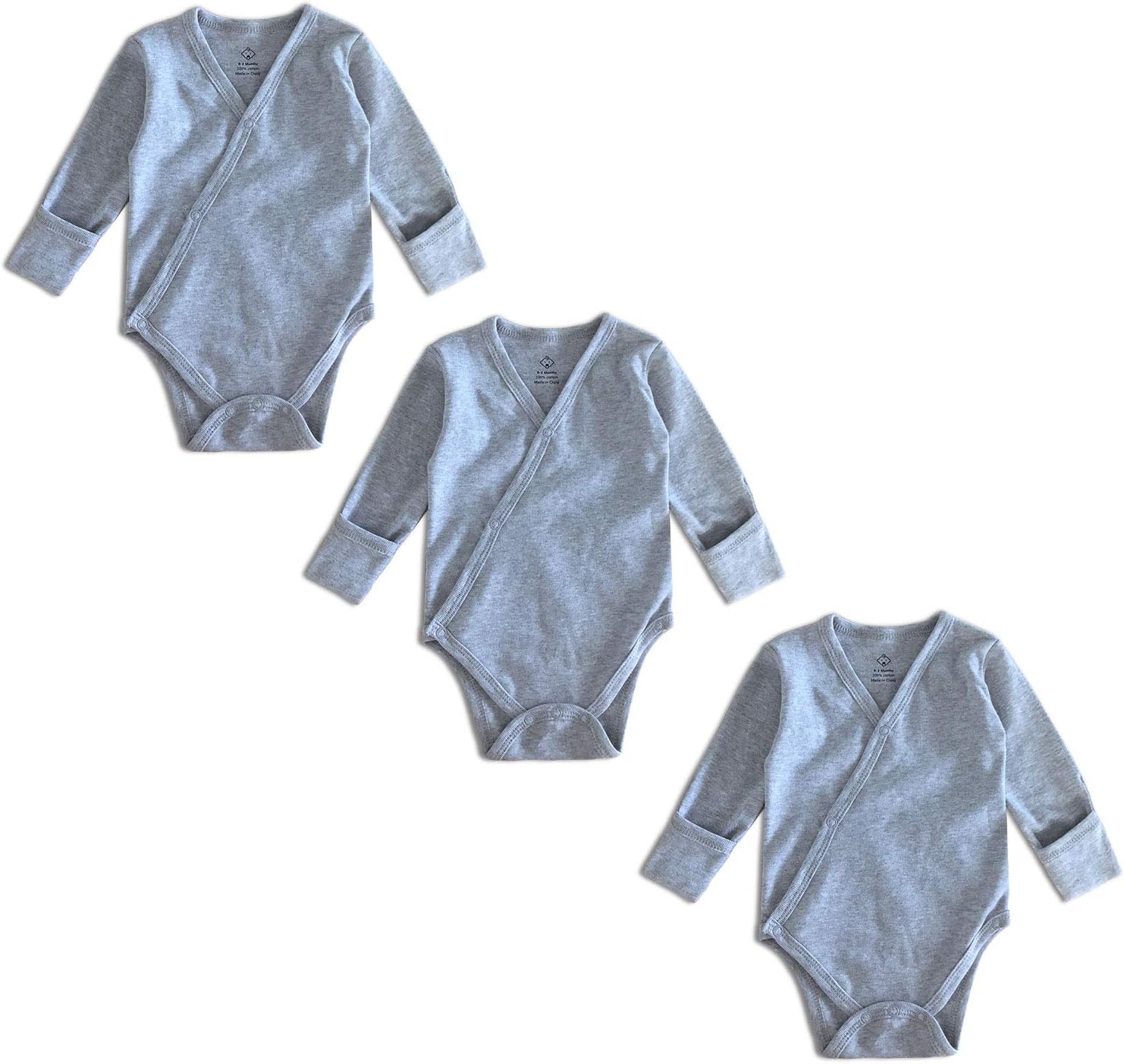 Baby 3-Pack Side Snap Bodysuit 100% Cotton Long Sleeve with Mitten Cuffs Unisex Boy Girls Cardigan Onesie