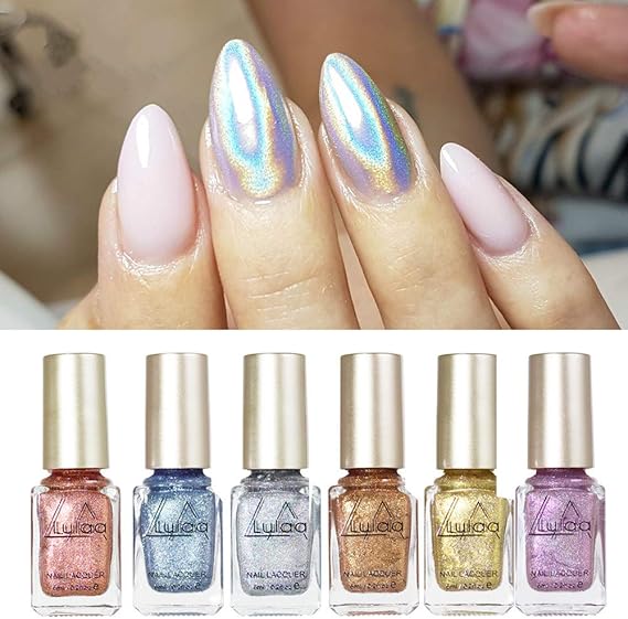6Pcs Laser Nail Polish, Pretty Shiny Mirror Glitter Holographic Long