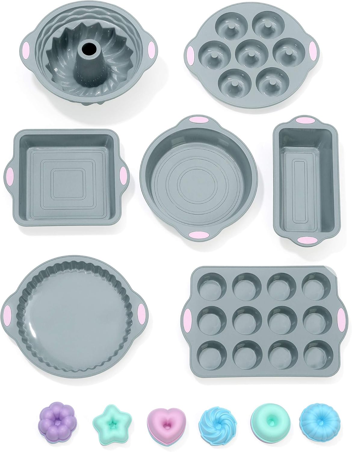 To encounter 31 Pieces Silicone Bakeware Set - 7 Silicone Baking Cake Pans - 24 Silicone Cake Molds Non Stick Muffin Cups Liners with Metal Reinforced Frame More Strength (Light Gray with Pink): Kitchen & Dining